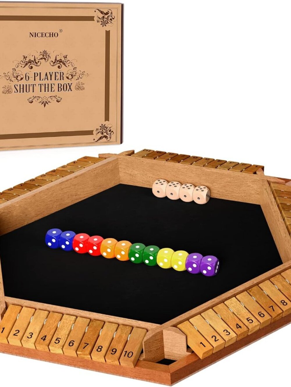 Nicecho 2-6 Players Shut the Box 16 Dice Math Game Wooden Board Table